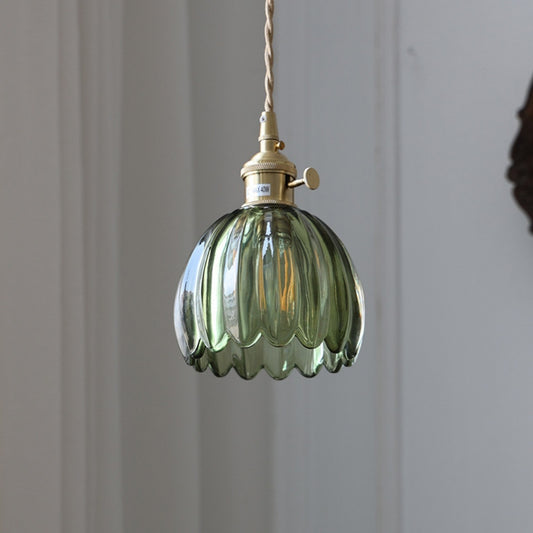Retro Copper Glass Amber Little Flower Single-head Bedroom Simple Chandelier
